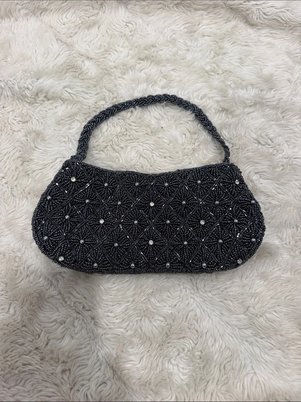 Elegant Black Beaded Evening Shoulder Bag